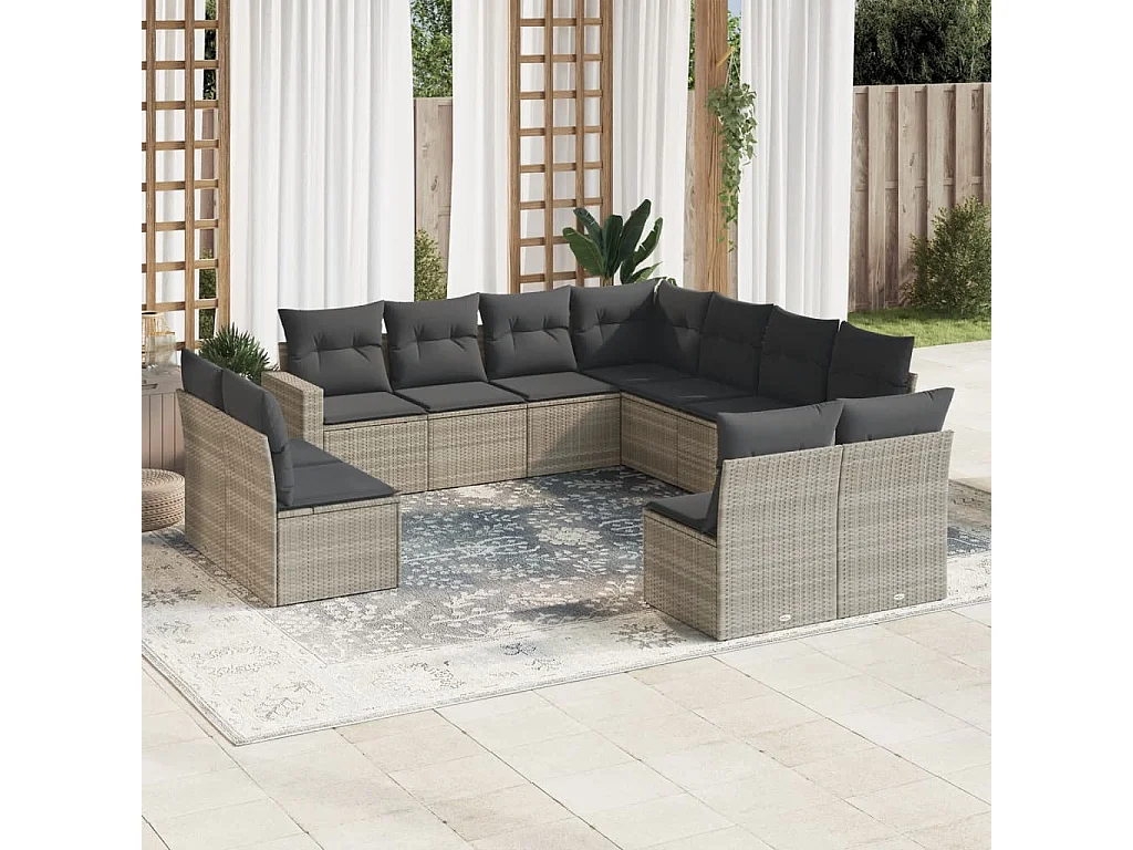 Garden Furniture - 11-tlg. Garten-Sofagarnitur mit Kissen Hellgrau Poly Rattan