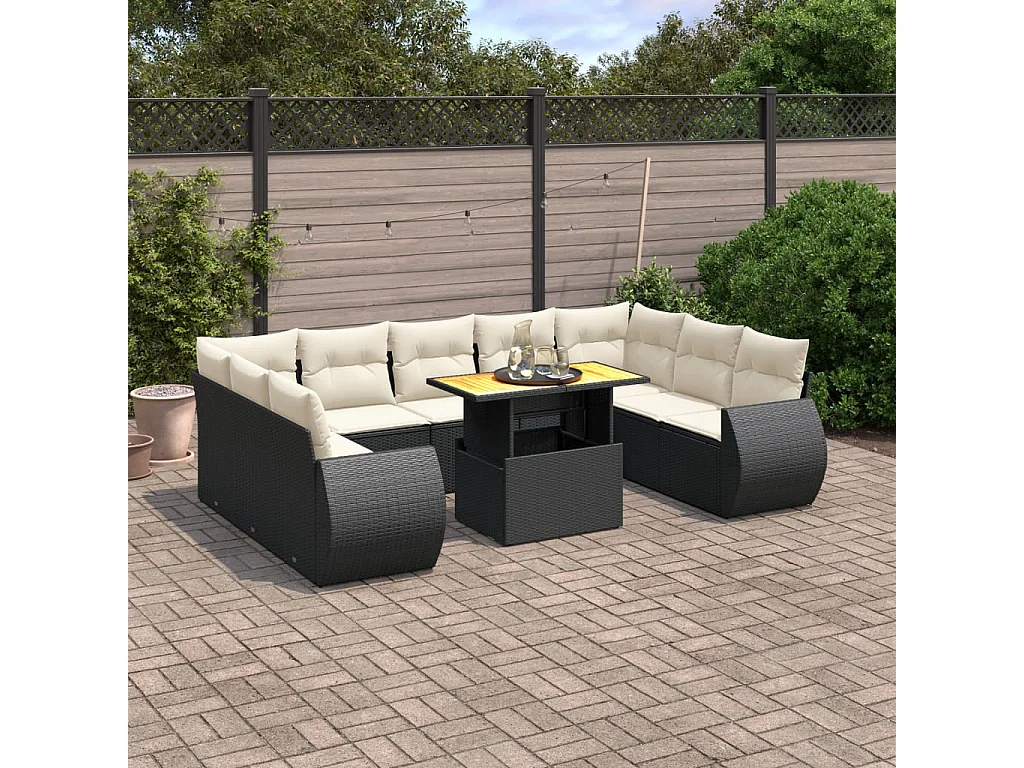 Garden Furniture - 10-tlg. Garten-Sofagarnitur mit Kissen Schwarz Poly Rattan