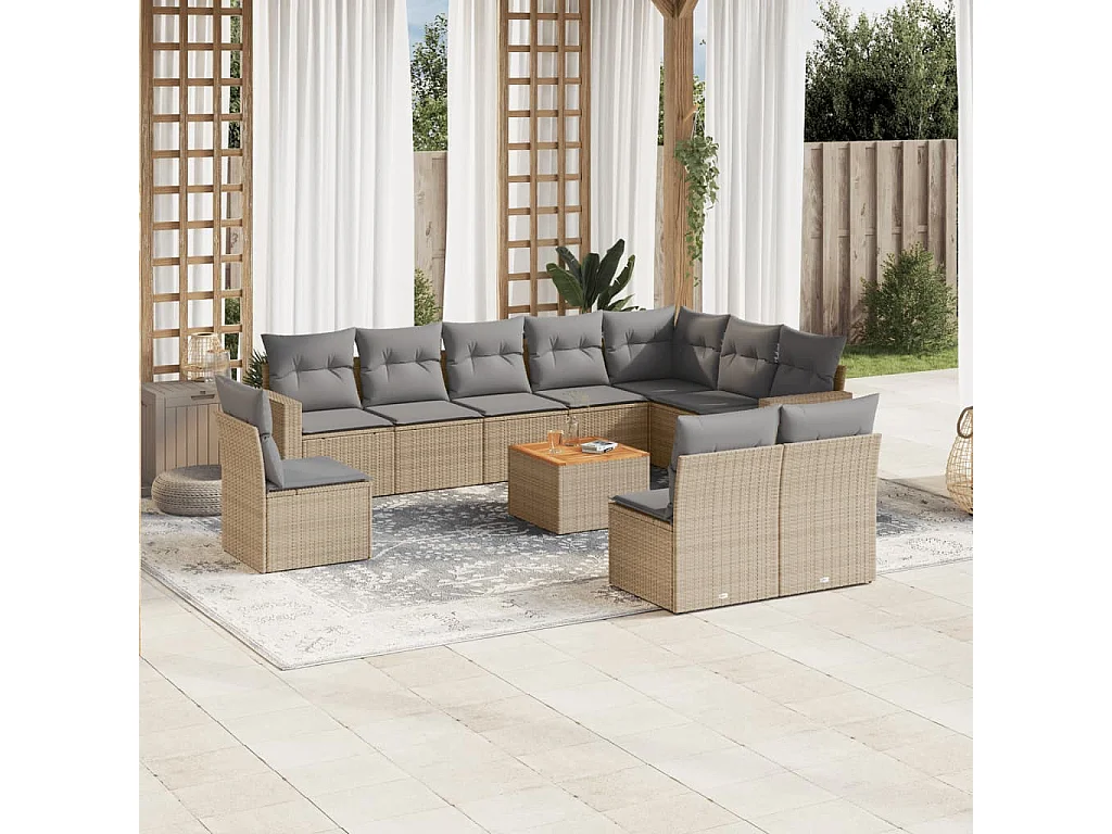 Garden Furniture - 11-tlg. Garten-Sofagarnitur mit Kissen Beige Poly Rattan