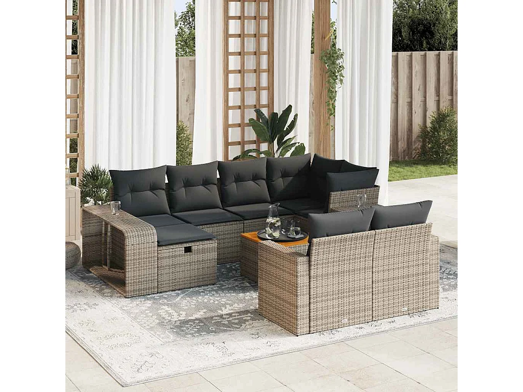 Garden Furniture - 11-tlg. Garten-Sofagarnitur mit Kissen Grau Poly Rattan