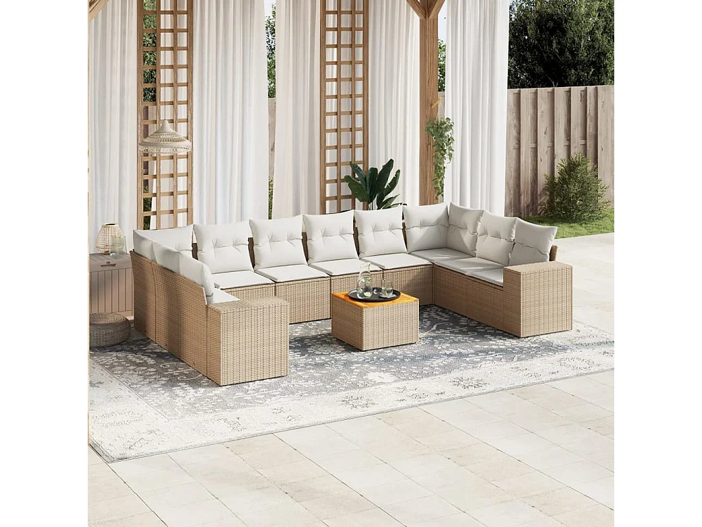 11 pcs conjunto sofás de jardim c/ almofadões vime PE bege