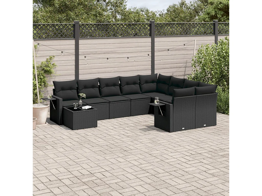 Garden Furniture - 10-tlg. Garten-Sofagarnitur mit Kissen Schwarz Poly Rattan