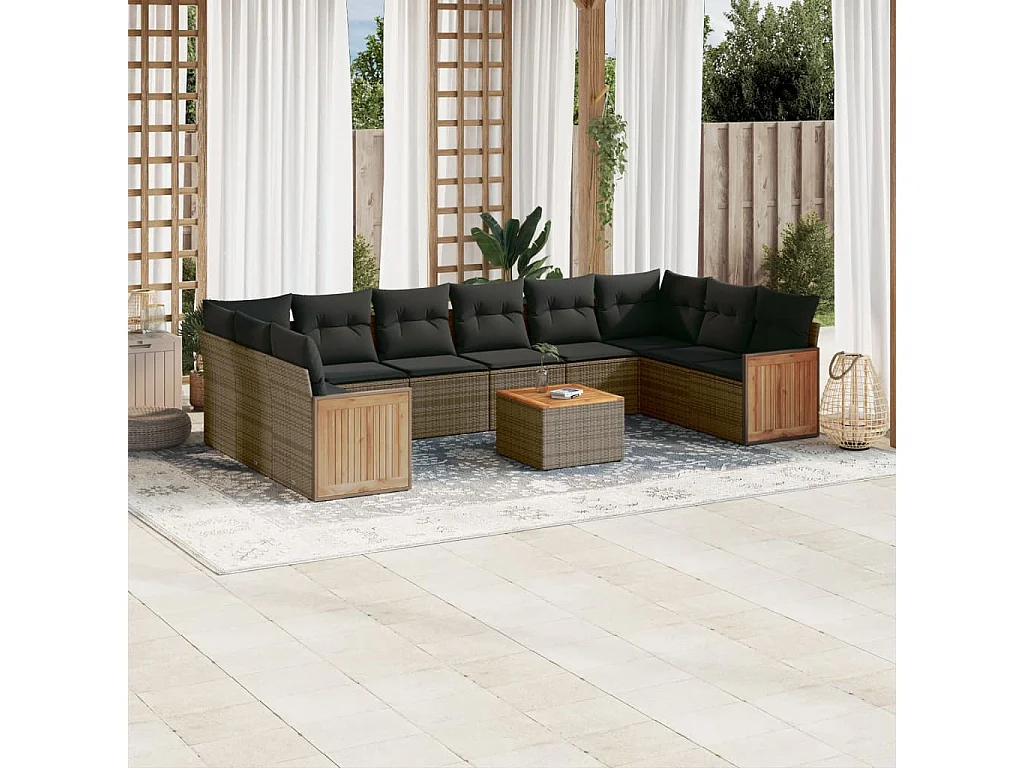 Garden Furniture - 11-tlg. Garten-Sofagarnitur mit Kissen Grau Poly Rattan