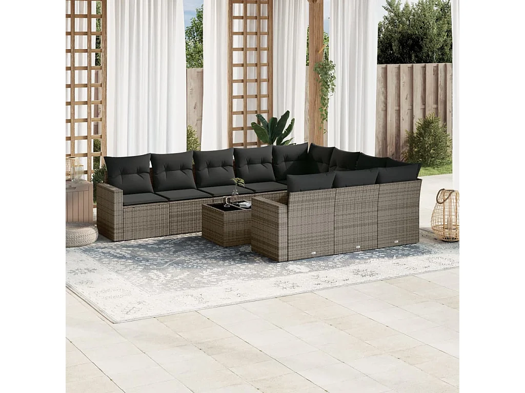 Garden Furniture - 11-tlg. Garten-Sofagarnitur mit Kissen Grau Poly Rattan