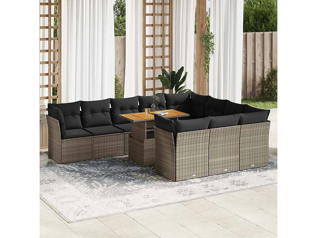 Garden Furniture - 11-tlg. Garten-Sofagarnitur mit Kissen Grau Poly Rattan