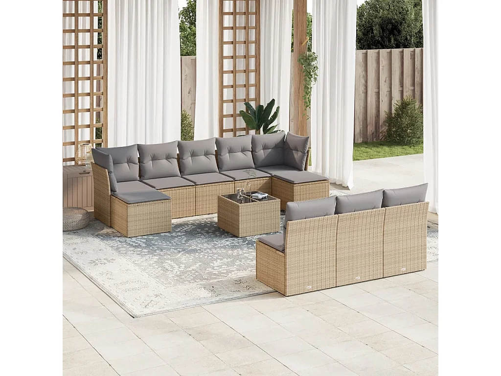 11 pcs conjunto sofás de jardim c/ almofadões vime PE bege