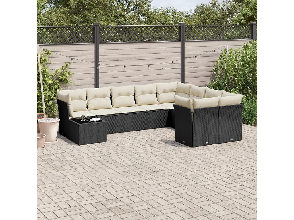 Garden Furniture - Set Divani da Giardino 10pz con Cuscini in Polyrattan Nero