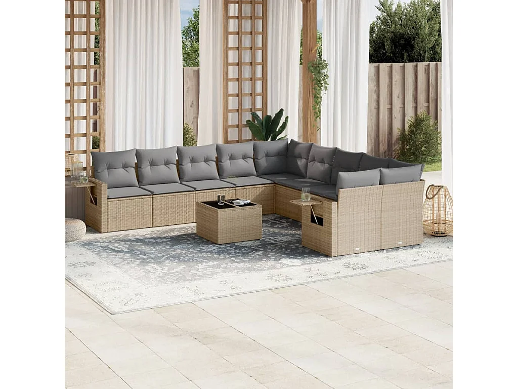 Garden Furniture - Set Divani da Giardino 11 pz con Cuscini Beige in Polyrattan