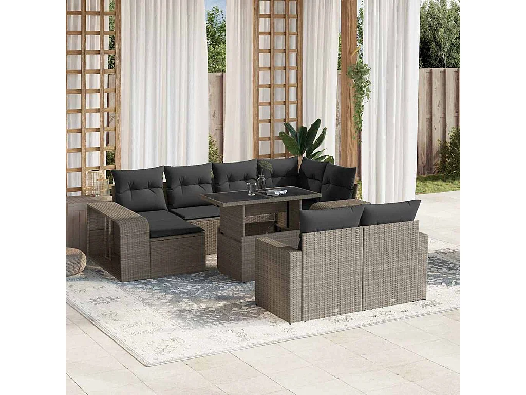 Garden Furniture - 11-tlg. Garten-Sofagarnitur mit Kissen Hellgrau Poly Rattan