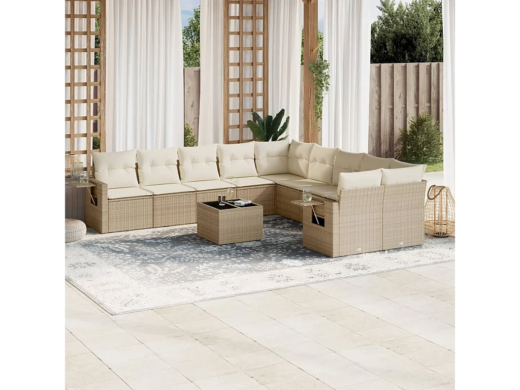 11 pcs conjunto sofás de jardim c/ almofadões vime PE bege
