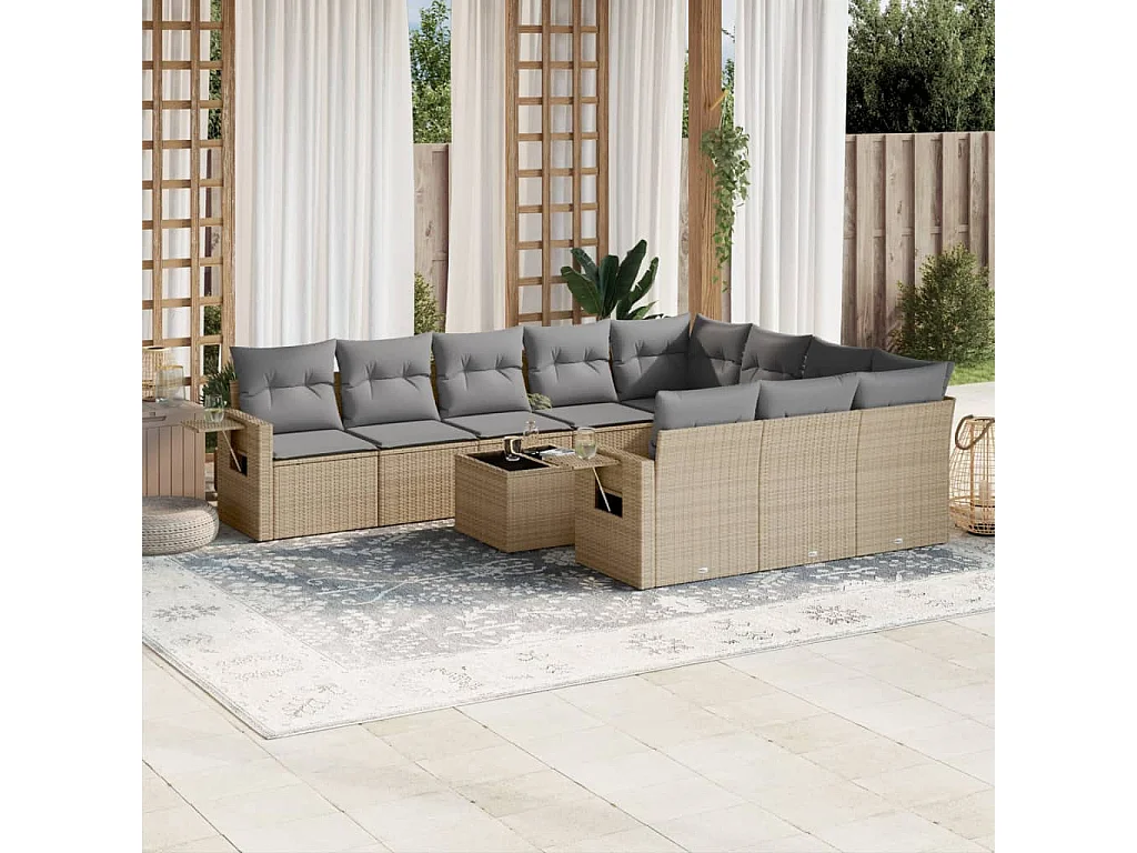 Garden Furniture - Set Divani da Giardino 11 pz con Cuscini Beige in Polyrattan