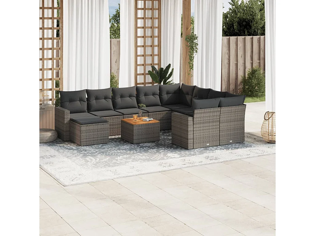 Garden Furniture - 11-tlg. Garten-Sofagarnitur mit Kissen Grau Poly Rattan