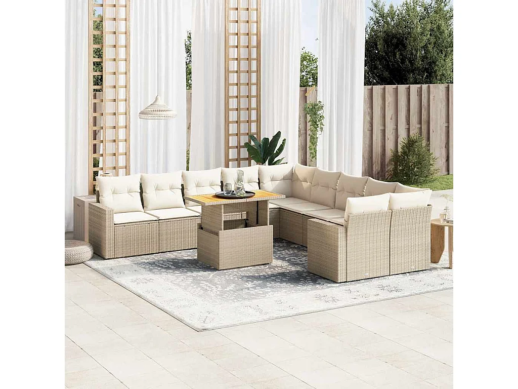 11 pcs conjunto sofás de jardim c/ almofadões vime PE bege