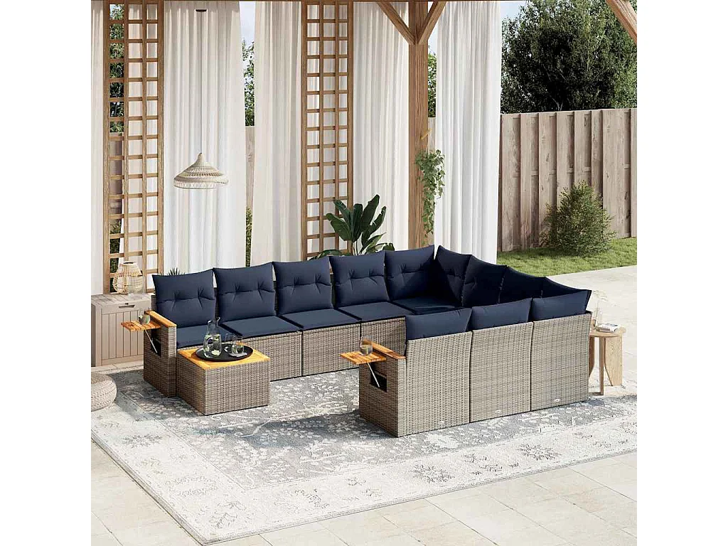 Garden Furniture - 11-tlg. Garten-Sofagarnitur mit Kissen Grau Poly Rattan