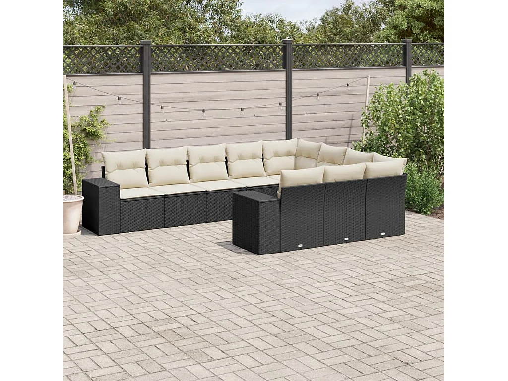 Garden Furniture - 10-tlg. Garten-Sofagarnitur mit Kissen Schwarz Poly Rattan