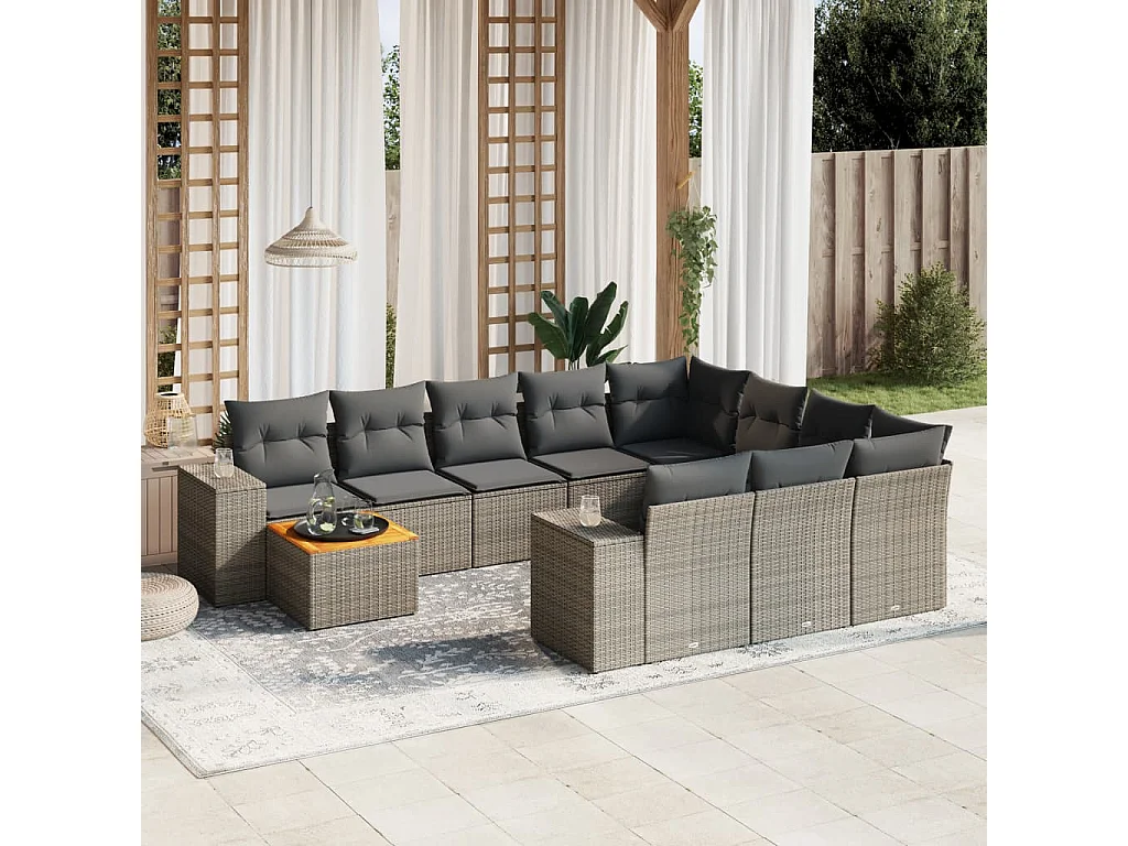Garden Furniture - 11-tlg. Garten-Sofagarnitur mit Kissen Grau Poly Rattan