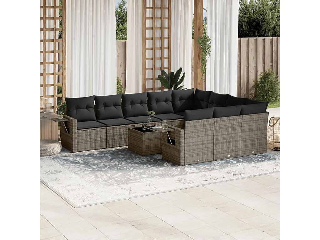 Garden Furniture - Salon de jardin 11 pcs avec coussins gris résine tressée