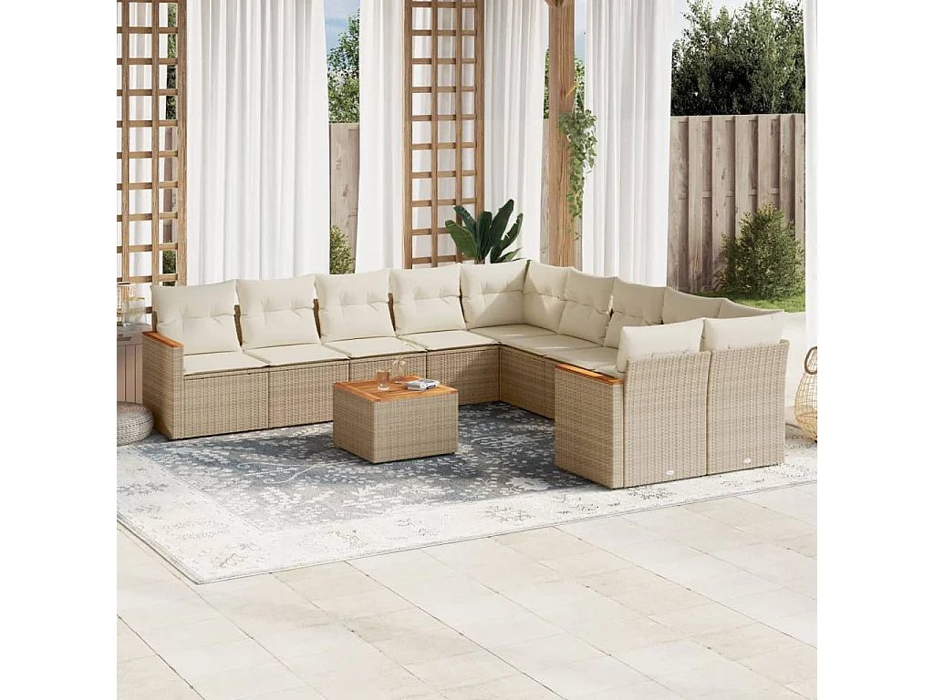 11 pcs conjunto sofás de jardim c/ almofadões vime PE bege
