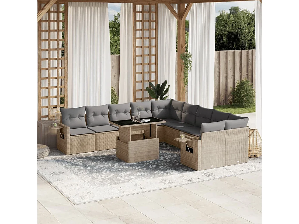 Garden Furniture - 11-tlg. Garten-Sofagarnitur mit Kissen Beige Poly Rattan