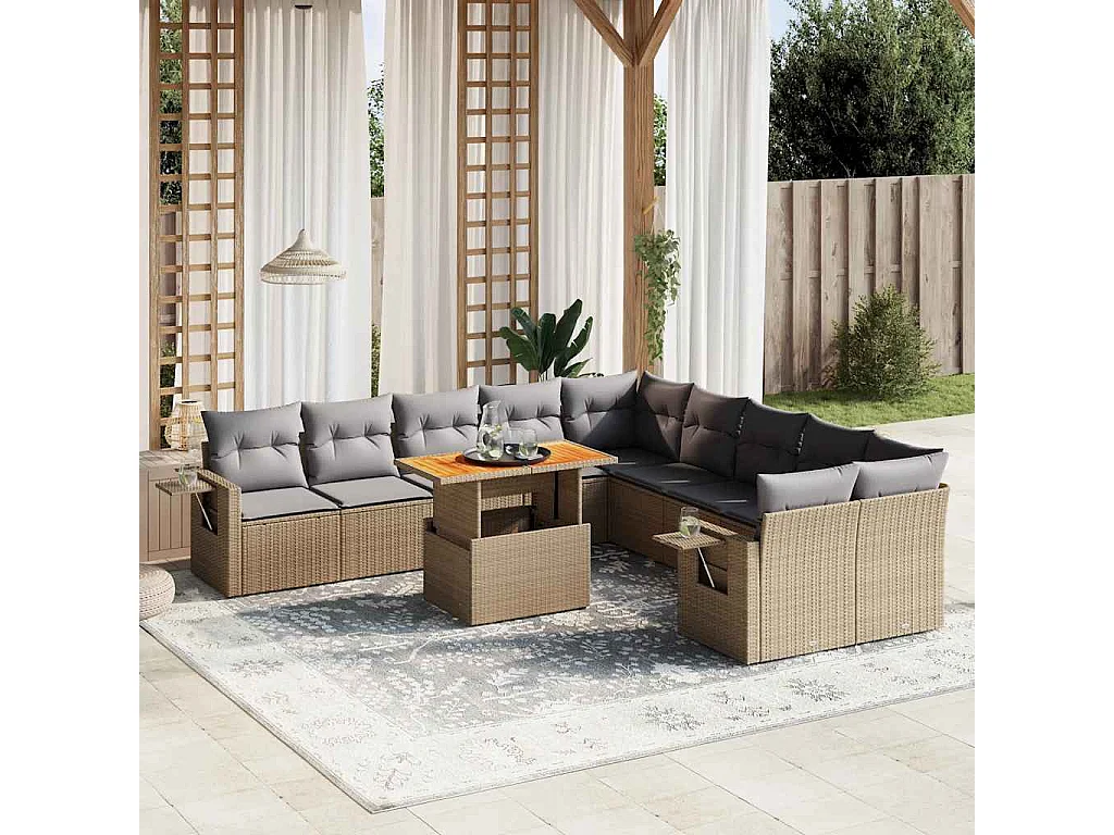 Garden Furniture - 11-tlg. Garten-Sofagarnitur mit Kissen Beige Poly Rattan