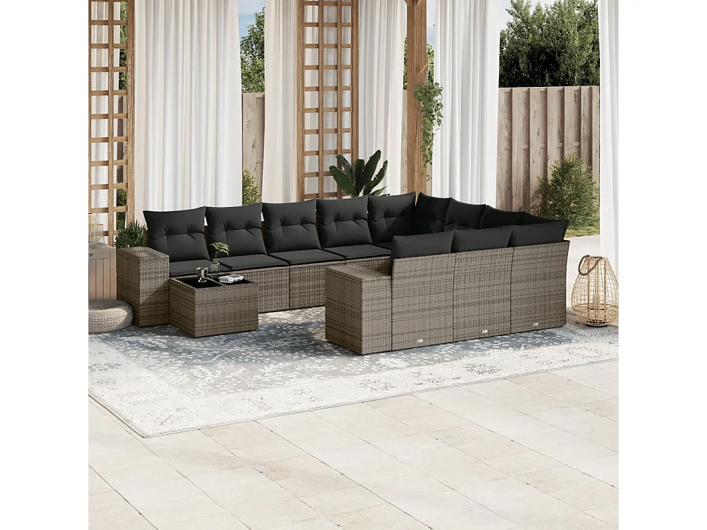 Garden Furniture - 11-tlg. Garten-Sofagarnitur mit Kissen Grau Poly Rattan