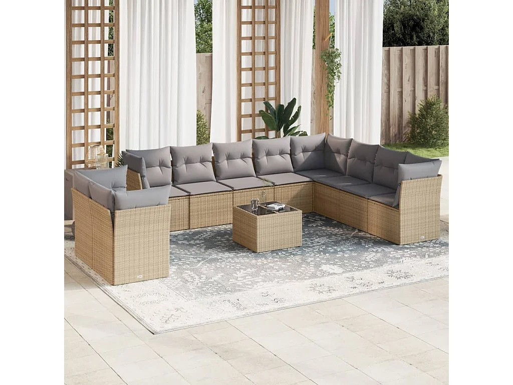 Garden Furniture - Set Divani da Giardino 11 pz con Cuscini Beige in Polyrattan