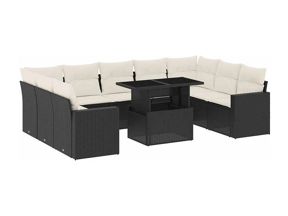 10 pcs conjunto sofás de jardim c/ almofadões vime PE preto