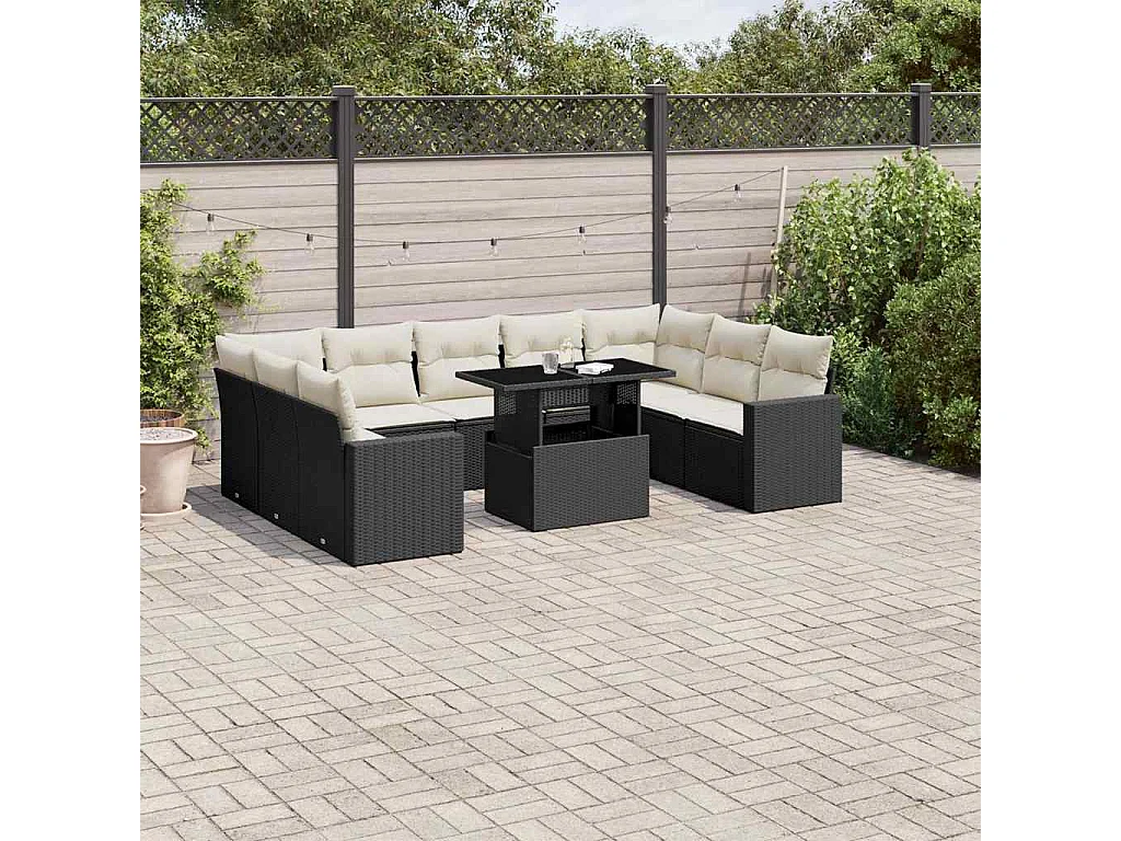 10 pcs conjunto sofás de jardim c/ almofadões vime PE preto