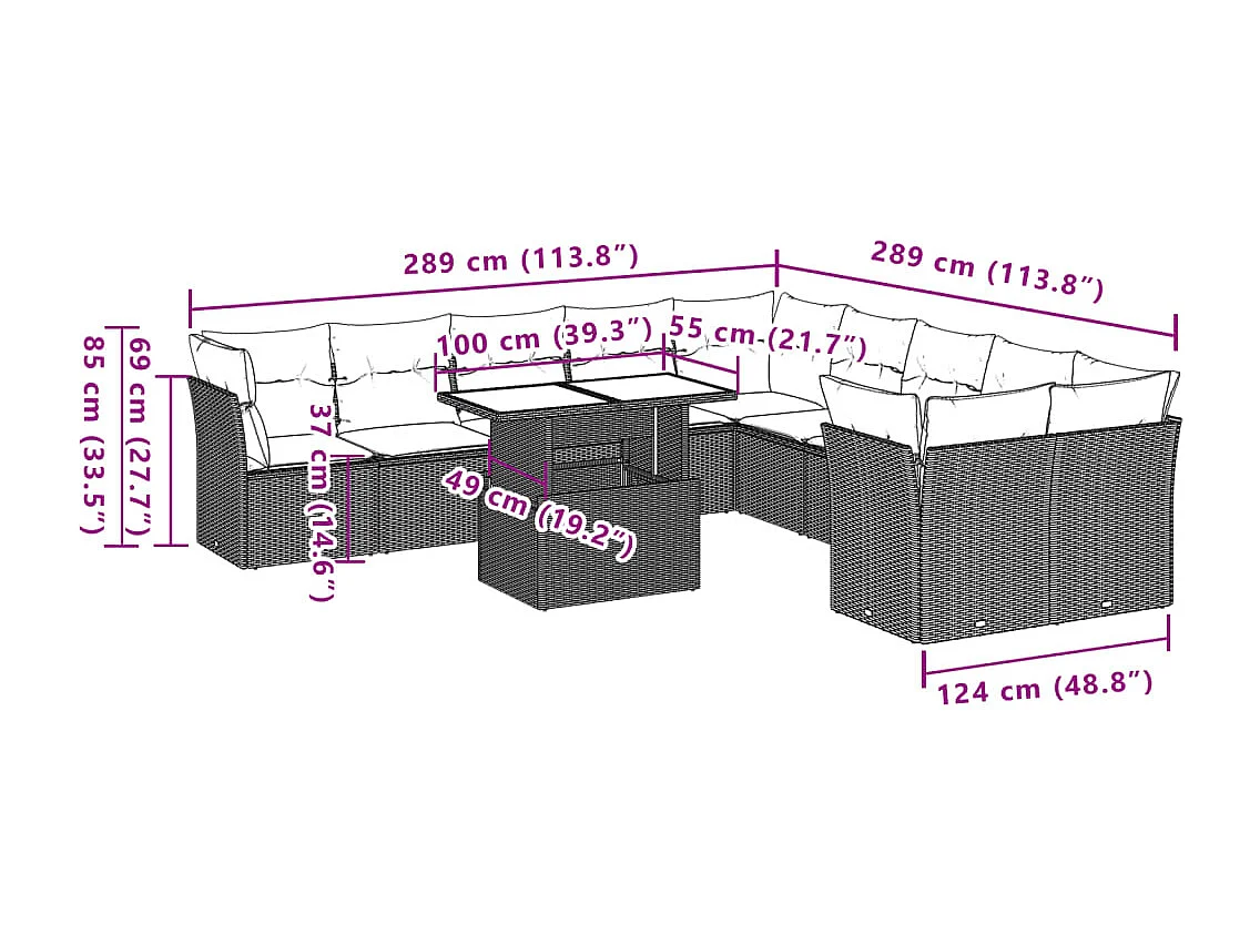 11 pcs conjunto sofás de jardim c/ almofadões vime PE bege