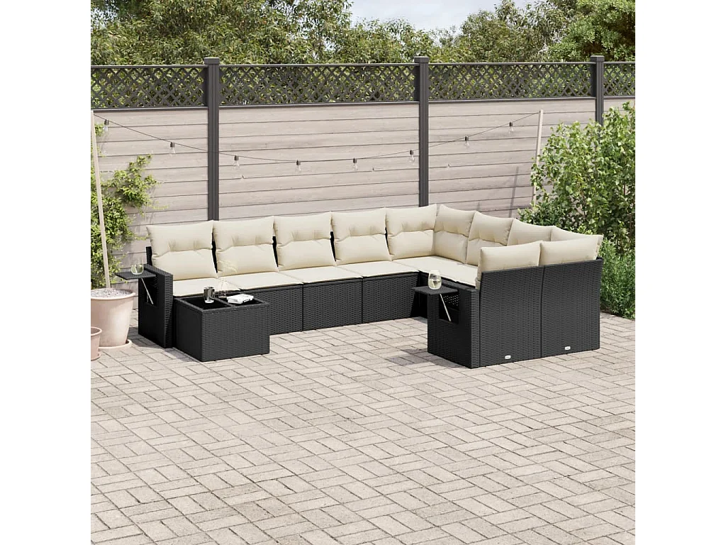 Garden Furniture - Set Divani da Giardino 10pz con Cuscini in Polyrattan Nero