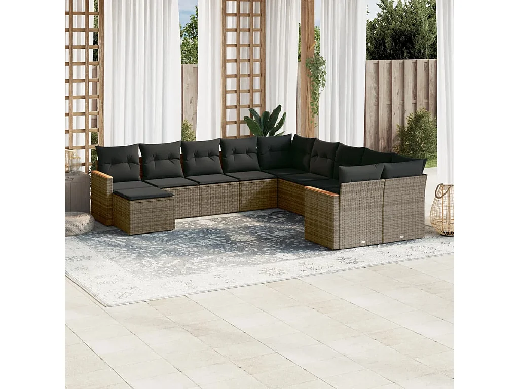 Garden Furniture - 11-tlg. Garten-Sofagarnitur mit Kissen Grau Poly Rattan
