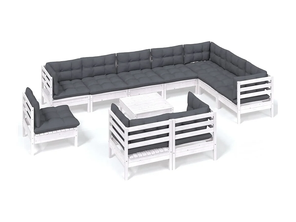 11 pcs conj. lounge de jardim c/ almofadões pinho maciço branco