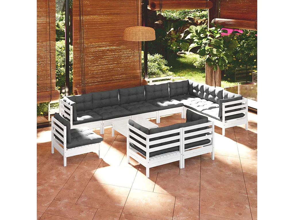 11 pcs conj. lounge de jardim c/ almofadões pinho maciço branco