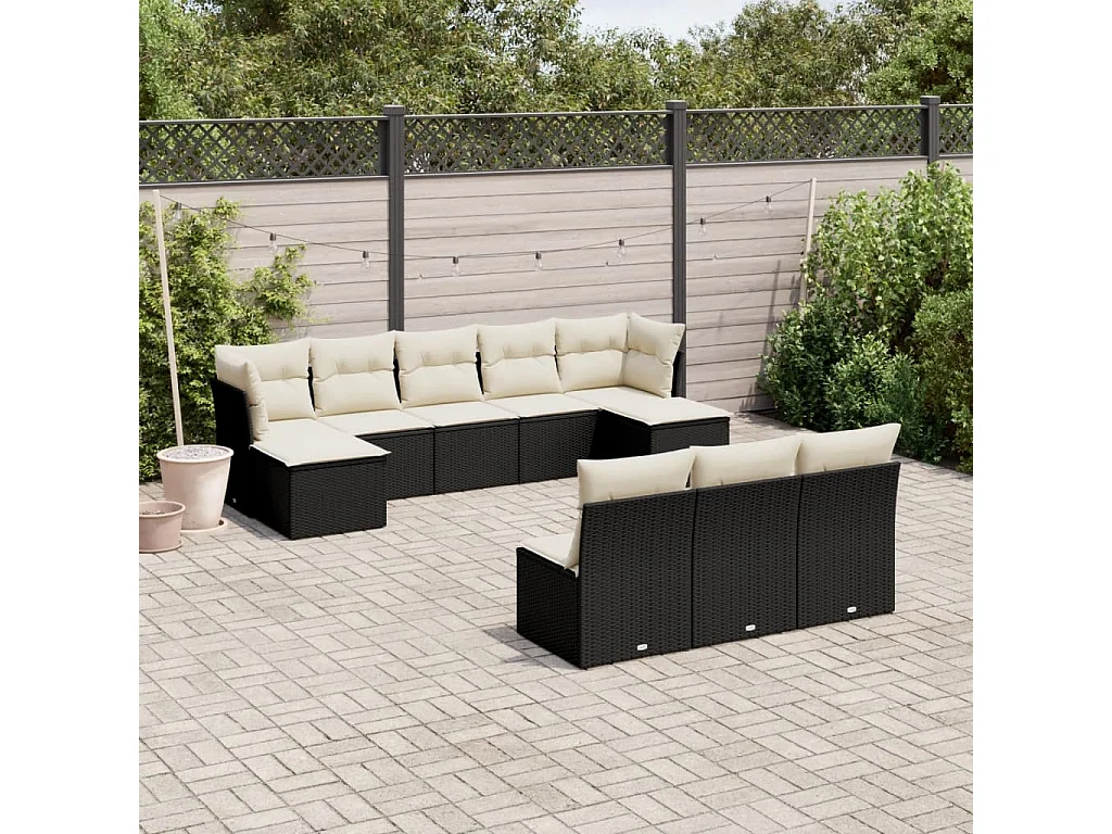 10 pcs conjunto sofás de jardim c/ almofadões vime PE preto