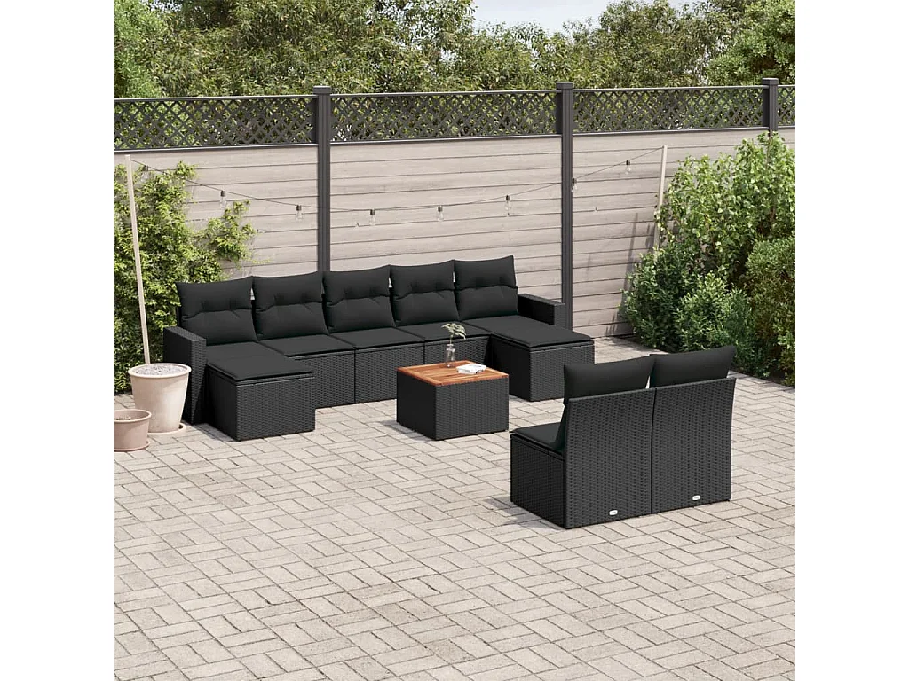 Garden Furniture - 10-tlg. Garten-Sofagarnitur mit Kissen Schwarz Poly Rattan