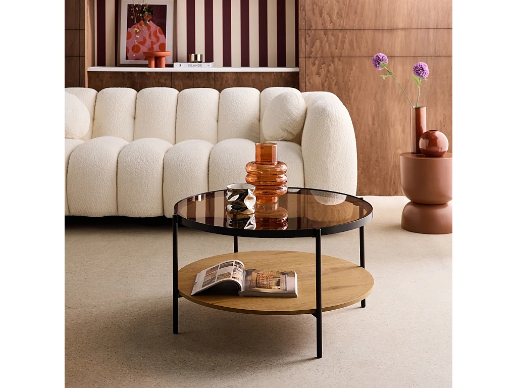 Table basse ronde double plateau verre. décor bois et métal - Smooky