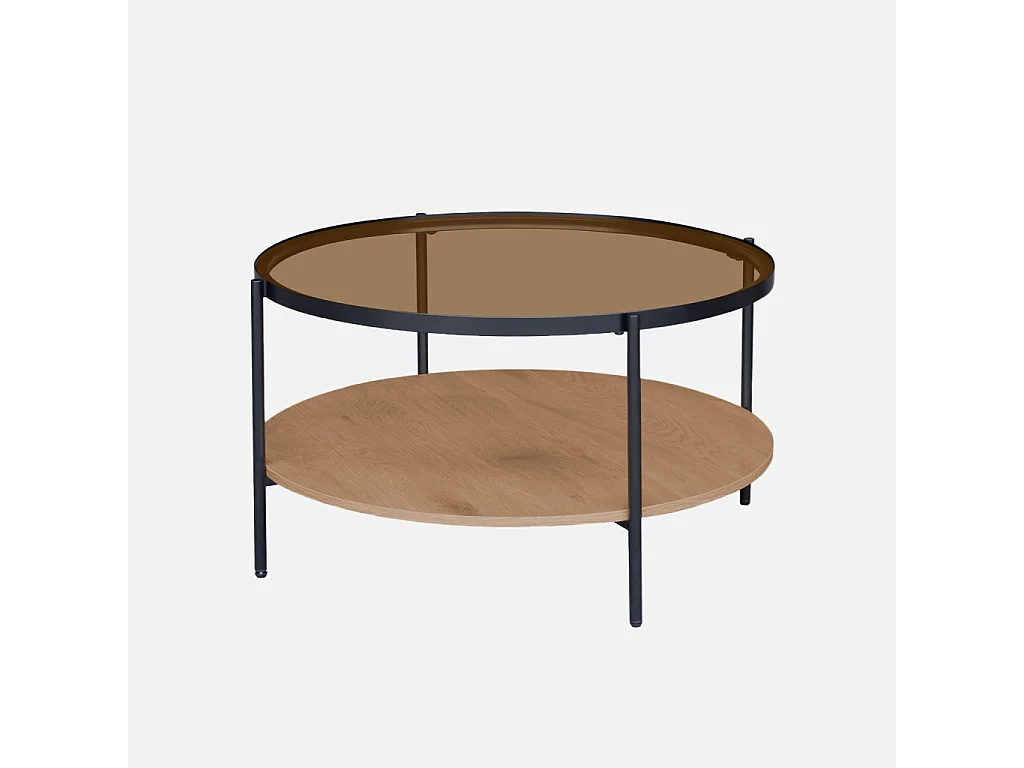 Table basse ronde double plateau verre. décor bois et métal - Smooky