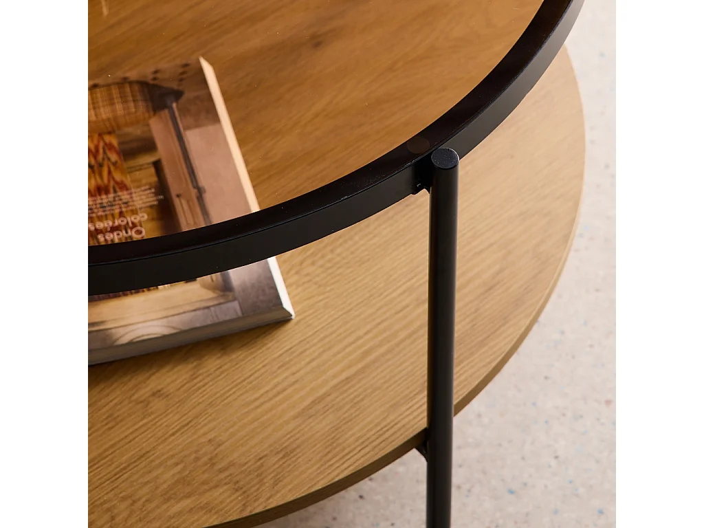 Table basse ronde double plateau verre. décor bois et métal - Smooky