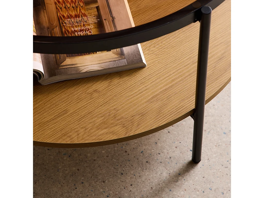 Table basse ronde double plateau verre. décor bois et métal - Smooky