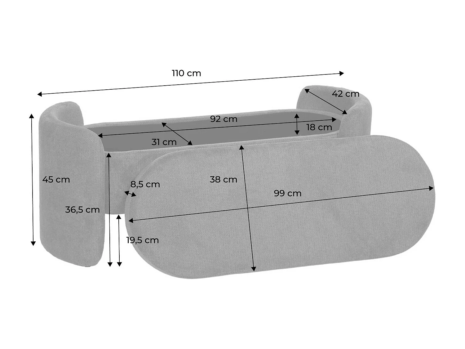 Banco baúl, pie de cama contemporáneo de tela simple gris claro