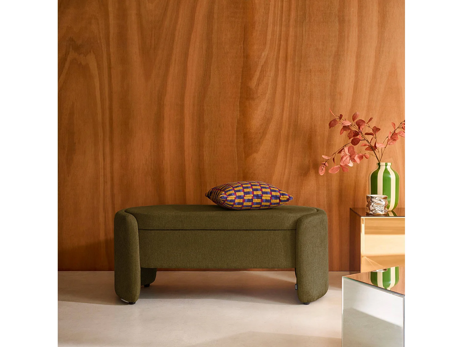 Banco baúl, pie de cama contemporáneo de tela simple verde kaki