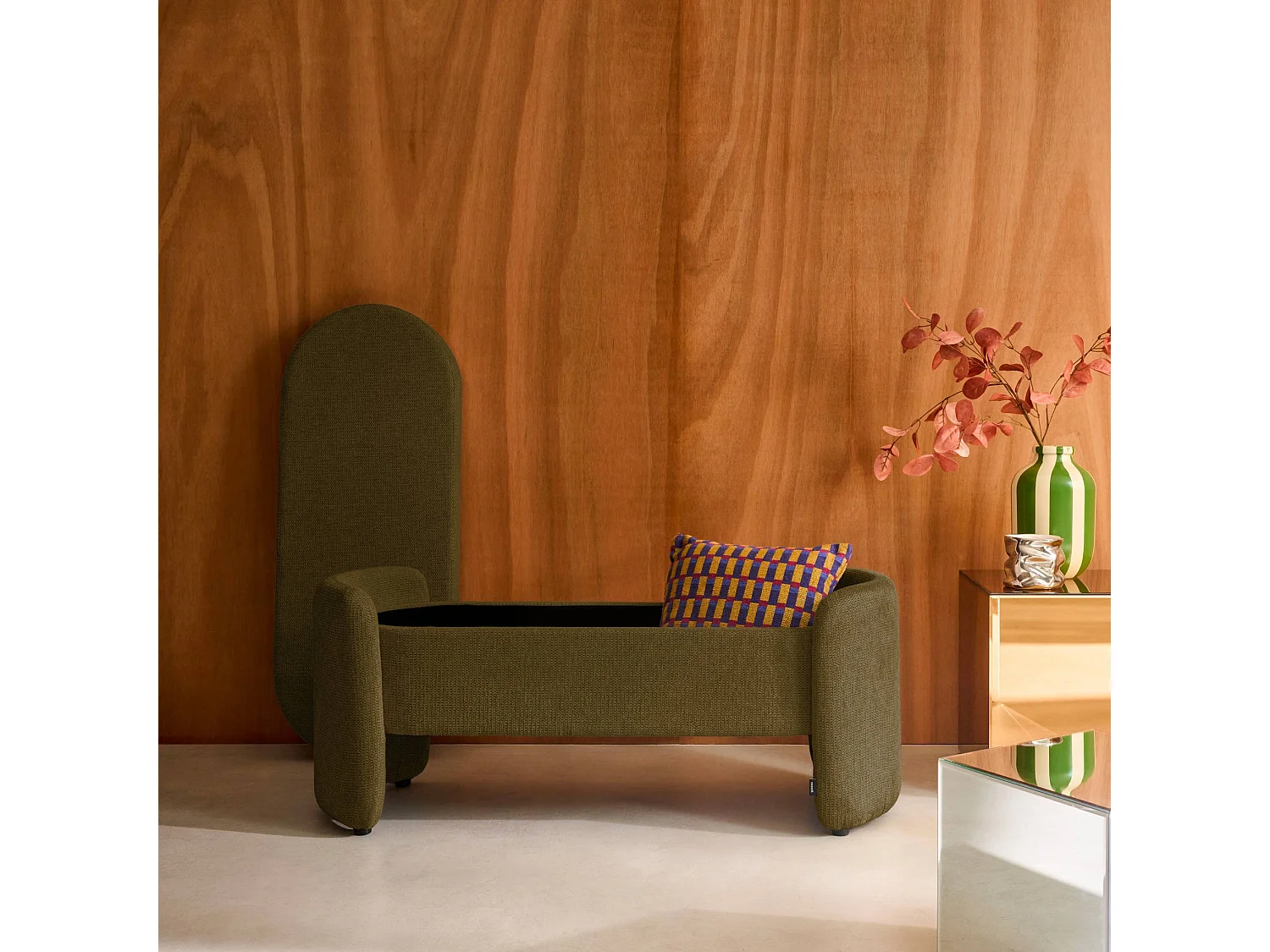 Banco baúl, pie de cama contemporáneo de tela simple verde kaki