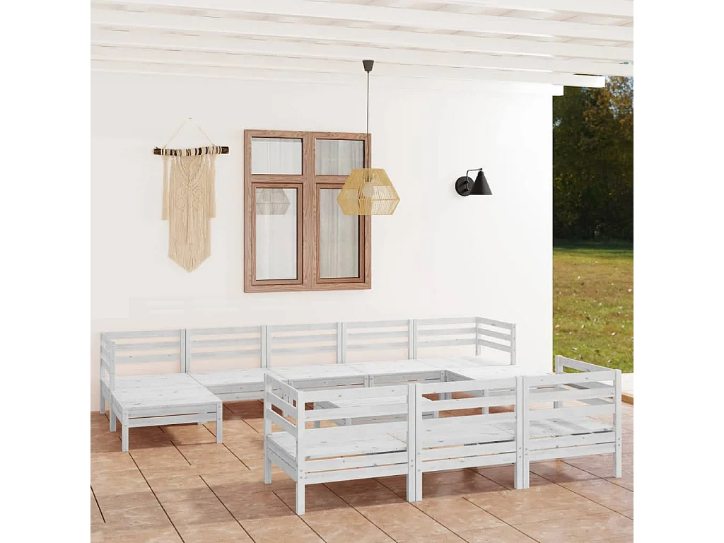 Salon de jardin 11 pc Blanc Bois de pin massif 19