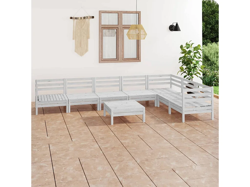 Salon de jardin 8 pc Bois de pin massif Blanc 2