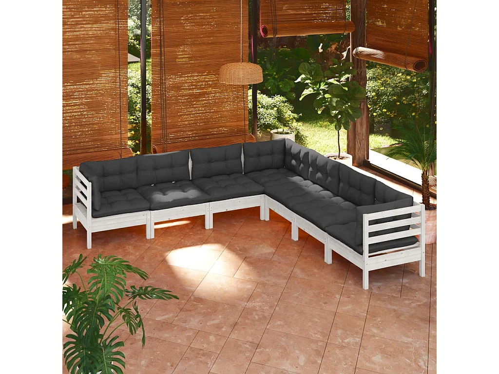 Salon de jardin 7 pc avec coussin Blanc Bois de pin solide 2