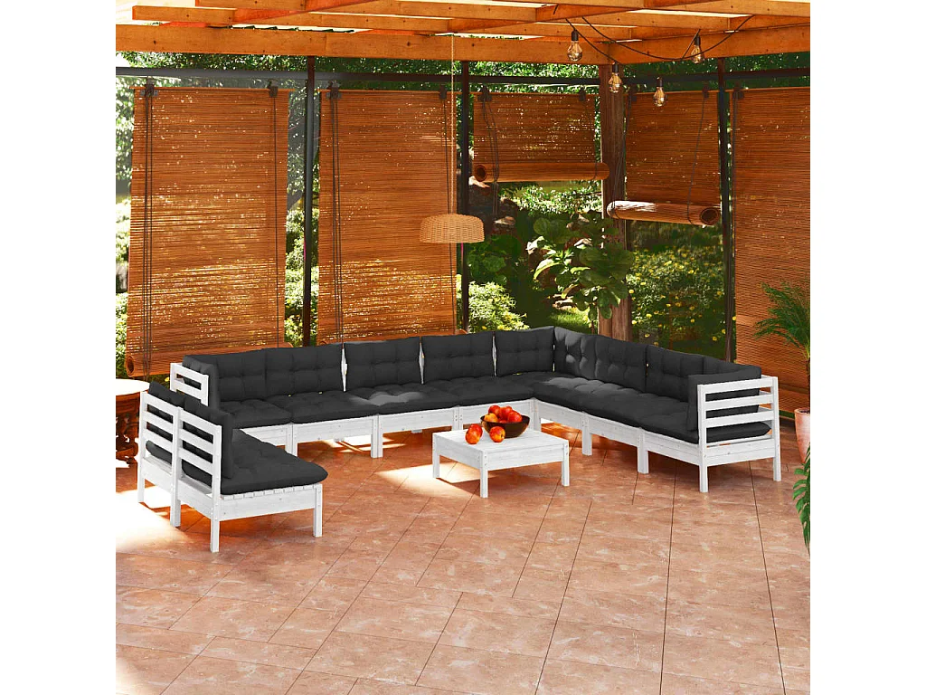 Salon de jardin 11 pc avec coussin Blanc Bois de pin solide 3