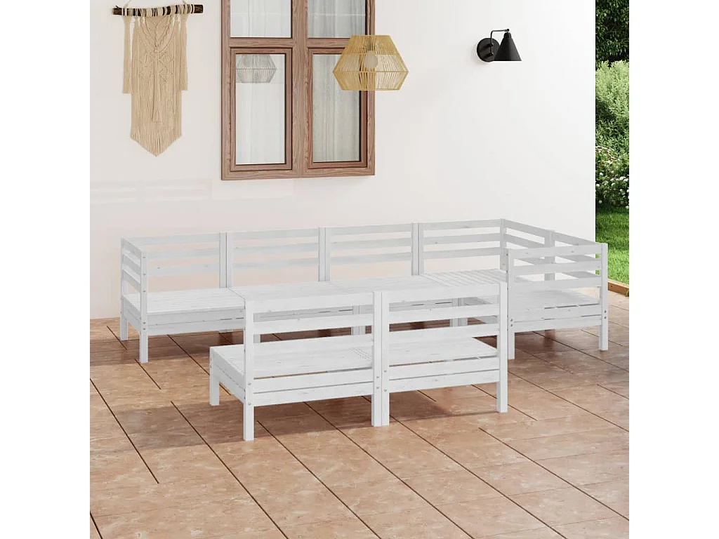 Salon de jardin 7 pc Bois de pin massif Blanc 7