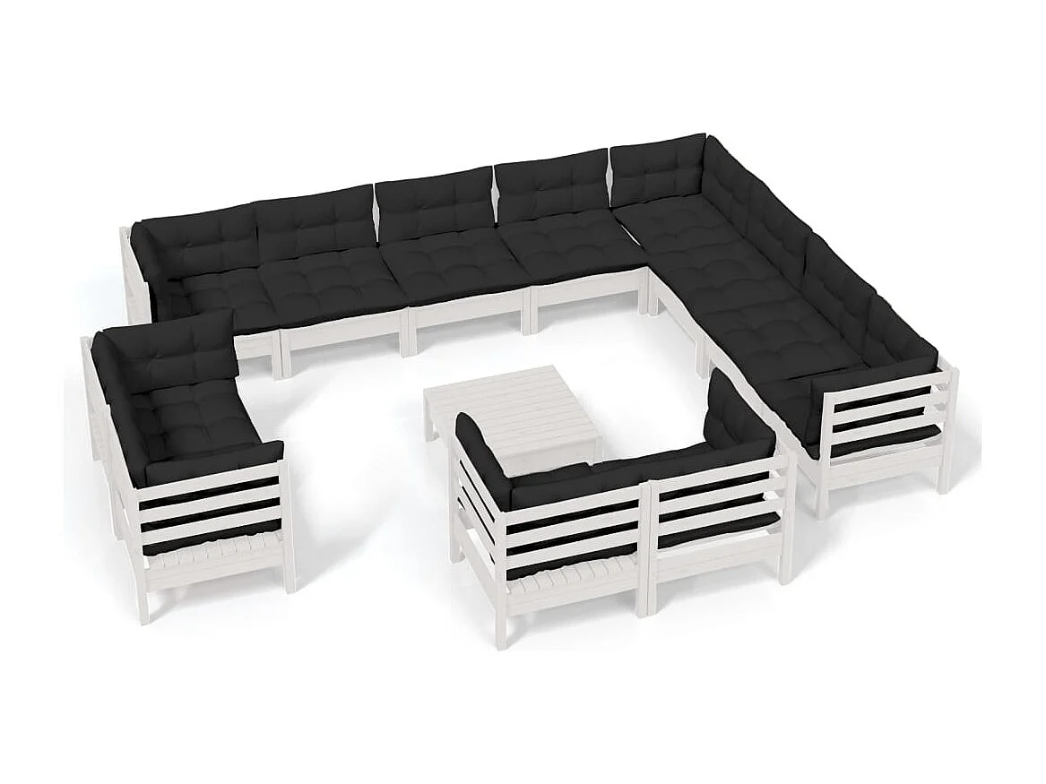 Salon de jardin 13 pc avec coussin Blanc Bois de pin solide