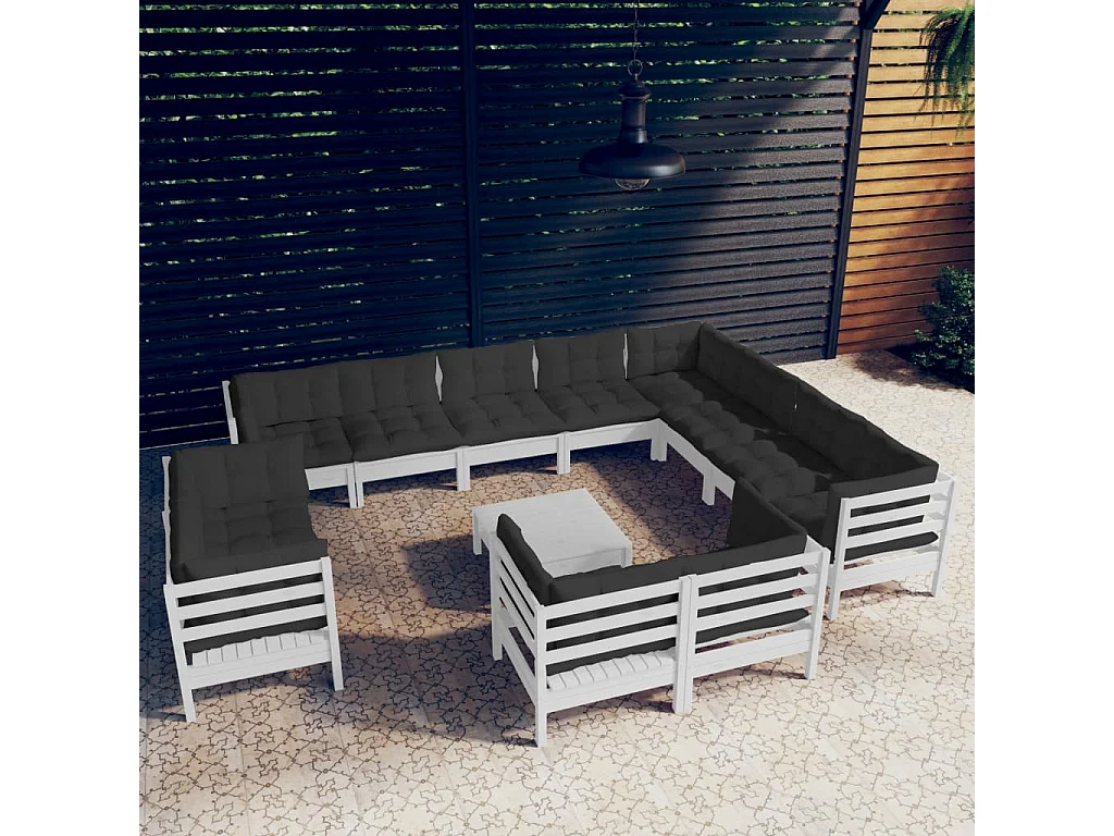 Salon de jardin 13 pc avec coussin Blanc Bois de pin solide