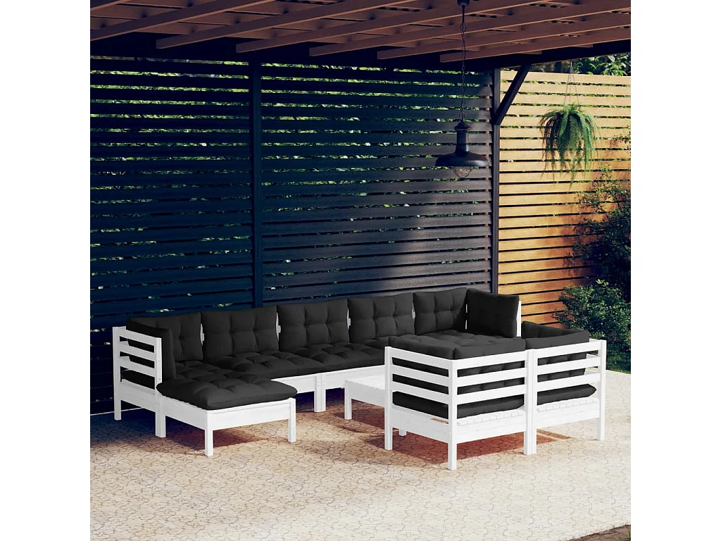 Salon de jardin 10 pc avec coussin Blanc Bois de pin solide 4